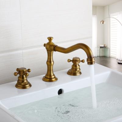 China JIENI Modern Antique Brass 3 Hole Deck Mount Bathroom Basin Sink Mixer Tap 2 Handle Faucet Set for sale