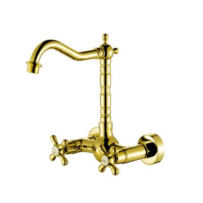 China Taizhou Faucets Double Knobs Wall Mount Thermostatic Gold Color Kitchen Mixer Tap Gold Faucet for sale