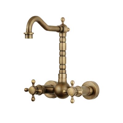 China Vintage Traditional Antique Traditional Hot And Cold Double Handle Wall Mounted Brass Mixer Tap Kitchen Faucet for sale