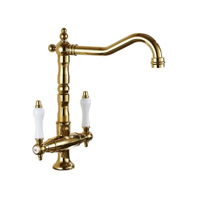 China Luxury Traditional Style Gold Color Kitchen Faucet Mixer 360 Rotate Single Hole Brass Gold Sink Mixer Tap for sale