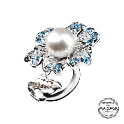 China CLASSIC NEMOPHILA - 925 Sterling Silver Adjustable Blue and white gemstone ring with Crystal Pearl for sale