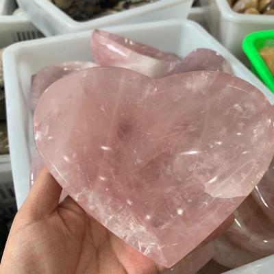 China Europe natural crystal rose polished quartz heart bowl carving fengshui decoration chakra healing energy gifts for sale