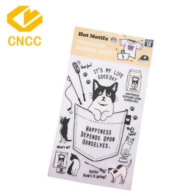 China Decorative Sticker Kids Safe Custom DIY Iron On Black PVC Sheet Sticker Cartoon Cats Letters Heat Transfer Sticker For Clothes for sale