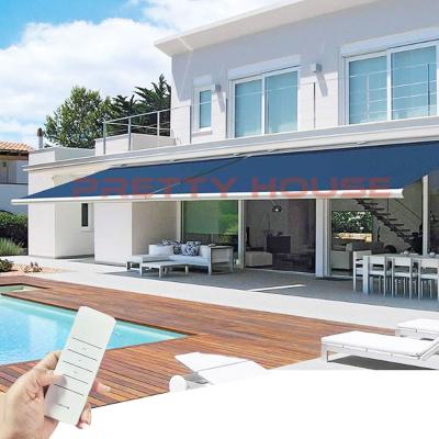 China Windproof Electric retractable cassette awning motorized awning outdoor with led light for sale