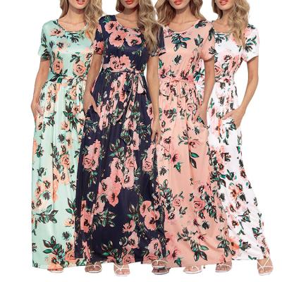 China Wholesale New Fashion Breathable Summer Round Neck Printed Floral Casual Maxi Dresses Women for sale