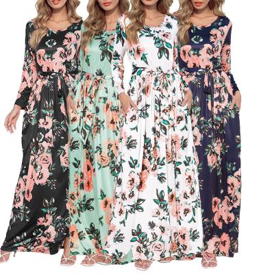 China Breathable In Stock Fashion Round Neck Printed Women Floral Long Sleeve Maxi Maxi Dresses for sale