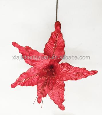 China Christmas Decorations Glitter Twigs Fabric Poinsettia Artificial Flower Head For Christmas for sale