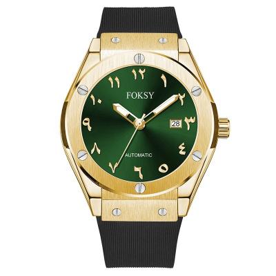 China Original Brand Automatic Manual Leather Strap Silicone Date Dial Green Arabic Gold Around Automatic Mechanical Men Watch In Dubai With Date for sale