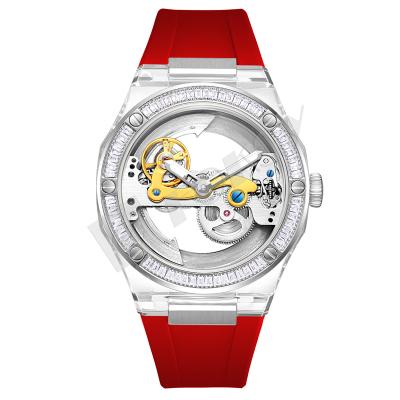 China Waterproof Female Transparent Red Rubber Square Silicone Wrist Bling Luxury Automatic Mechanical Lady Watch Women for sale