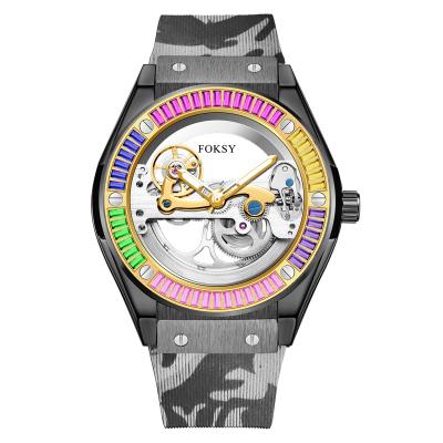 China Automatic Date Bling Rainbow Rose Gray Orange Rectangle Baguette Diamond Sports Silicone Luxury Wrist Skeleton Men Watch for sale