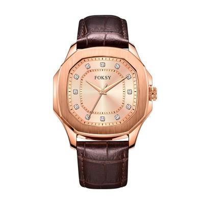 China Luxury Lady Watch Women Girl Wrist Alloy Rose Gold Square Shape Design Brown Leather Strap Water Resistant With Big Diamond Face White for sale