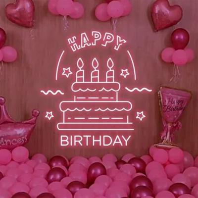 China Buildings Hot Selling Most Popular Customized Acrylic Advertising Led Big Happy Birthday Text With Cake Neon Sign for sale