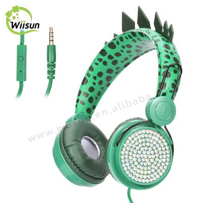 China Cute Headband 3.5mm Earbuds Green Dinosaur Kids Headset Music Cable Earbuds With Mic For Child Gift for sale