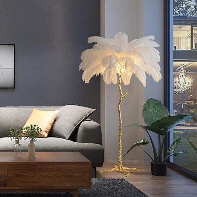 China Nordic Luxury Standing Light Led Floor Lamp Ostrich Feather Stand Lamp Copper Brass Hotel Art Decor Feather Lights Modern Resin for sale