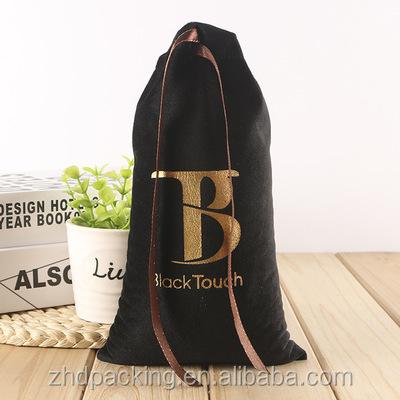 China Recyclable Custom Logo Gold Hot Stamp Printing Black Velvet Drawstring Wine Bags for sale