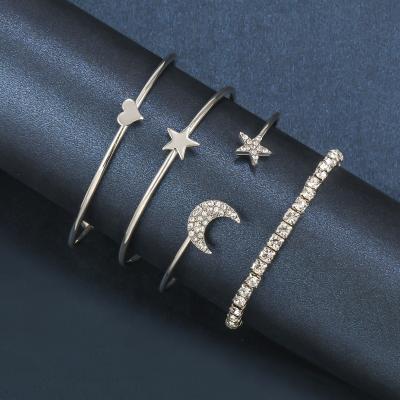 China Factory High Quality Gold Plated Moon Star Luxury Heart Bangle Adjustable Bracelet 4 In 1 Bangle Sets For Women Bangle for sale