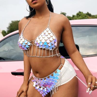 China Other Ladies Sexy Plus Size Chain Crop Top Sequins Bra Chain Skirt 2 Piece Sets For Costume for sale