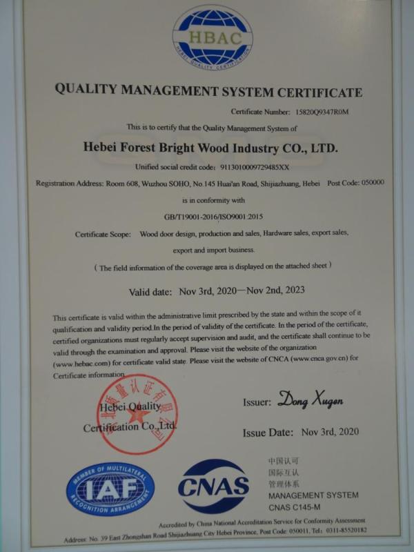 ISO9001 - Hebei Forest Bright Wood Industry Co., Ltd.