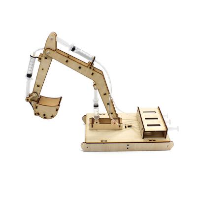 China Toy 4 Channel WOODEN Excavator DIY Excavator Building Model Kit Kid Toy Science Experiment Hydraulic ROD Toy For Children for sale