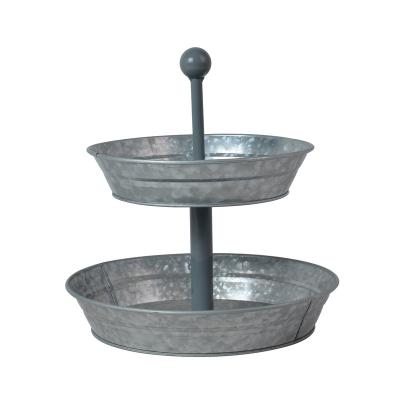 China VRustic Galvanized Steel Silver Round Storage Serving Stand Two Tier Round Metal Tray With Handles for sale