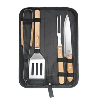 China 3pcs Portable BBQ Accessory Easily Cleaned Outdoor BBQ Grill Utensil Set Stainless Steel Tong Fork and Knife with Wooden Handles for sale