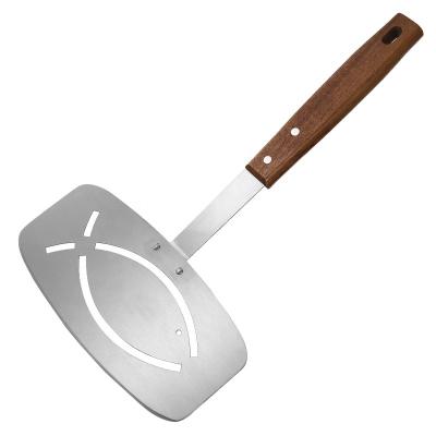 China Easily Cleaned Stainless Steel Barbecue Turner Acacia Wood Handle Outdoor Kitchen BBQ Tool BBQ Accessories Baking Fish Shovel Grill Spatula for sale