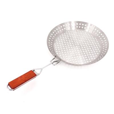 China Easily Cleaned Round Stainless Steel Grill Wok Basket Basket With Wooden Handle Frying Pan Bbq Grilling Topper BBQ Basket With Holes for sale