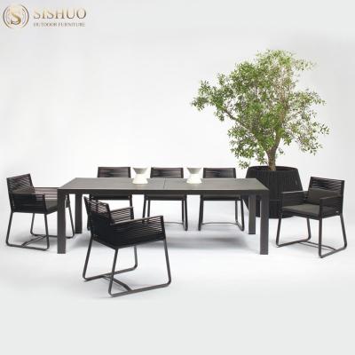 China Time Furniture Foshan Manufacturer Outdoor Rattan Woven Rope Patio Dining and Dinner Table Armchair Set for sale