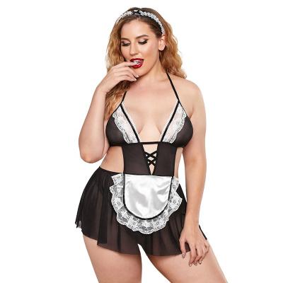 China Spandex/Polyester Summer Hollow Out Lingerie Fat Woman Costume Maid Two Piece Set Transparent Plus Size Women for sale