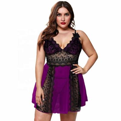 China Spandex/Polyester Plus Size Deepv Lace Chunky Mesh Woman Nightgown Lingerie Transparent Women With Straps for sale