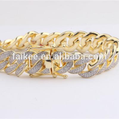 China 14K Yellow Gold Plated Silver 14mm Hip Hop Bracelet Iced Out CZ Cuban Chain 925 Sterling Silver Jewelry for sale