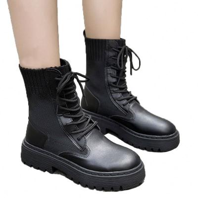 China Botte Femme Round Head Woven Women Low Heel PU Black Ankle Platform Anti-slippery Material Boots with Lace for sale