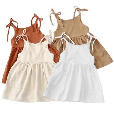 China Qy Breathable Toddlers Soft Cotton Hemp Solid Pouch Summer Girls Lace Up Sling Kids Dress Girl's Clothing for sale