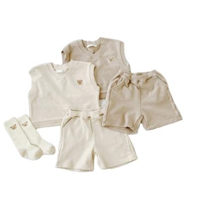 China Qy Casual Custom Wholesale Summer Embroidery Bear Infant Single Vest + Shorts Two Piece Set for sale