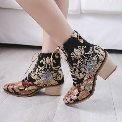 China Retro Women's Short Lace-up Thick-heeled High Heel Embroidered Anti-slippery Boots Plus Size Fashion Boots for sale