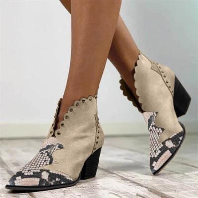 China Thick Snake Anti-slippery Printing Short Boots Women's Large Size Pointed Toe With Willow Nails Women's High-Heeled Boots for sale