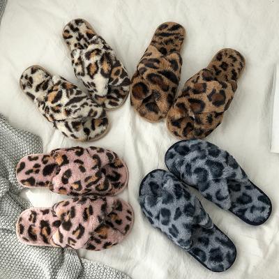 China Women's Leopard Thermal Cross Clog Floor Home Winter Slippers Open-toed Toe Slippers Non-Slip Flat Bottom Plush Interior for sale