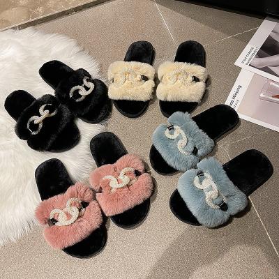 China Plush thermal ladies slippers autumn and winter new fashion pearl home open-flat toed indoor slippers for sale