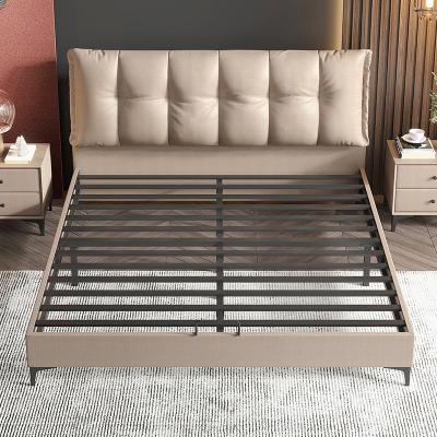 China Knock Down Frame Modern Soft Bed Slat Bed Upholstery Genuine Leather Wood Metal for sale