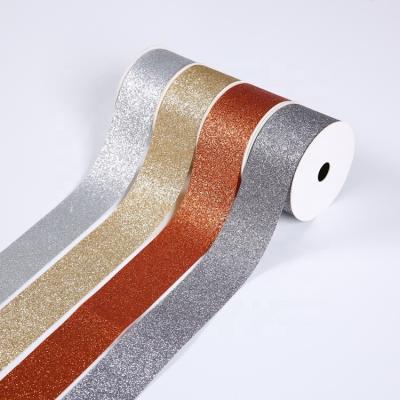 China Factory Free Sample Corduroy High Decorative Shiny Silver Red Gold Foil Glitter Customizable Tenacity Satin Ribbon for sale