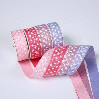 China Iridescent custom pink ribbons cut edge white star screen printing grosgrain ribbon for gift bags wrapping for sale