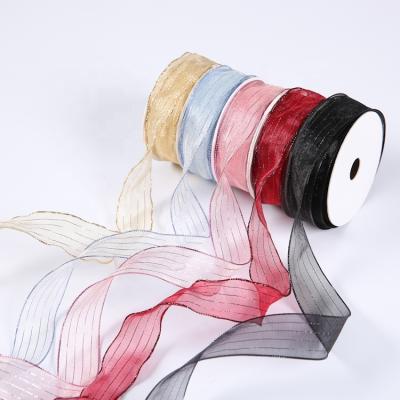 China High Tenacity Vertical Stripe Gold Thread Edge Voile Woven Ribbon For Birthday Party Decoration Gift Craft Wrapping for sale