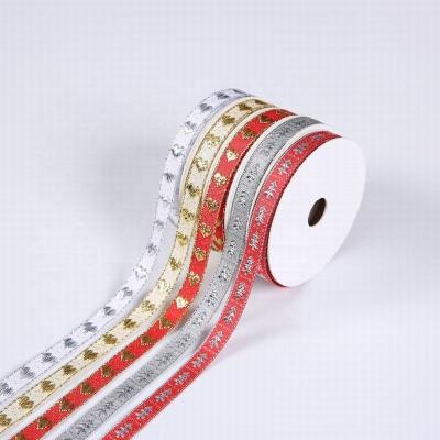 China High Tenacity Two Color Gold Thread Jacquard Custom Ribbon Woven Double Sided Edge Ribbon With Christmas Tree And Heart For Decoration for sale