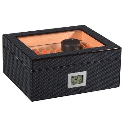 China Silver Plated Hinged Popular Instock 2021 Carbon Fiber High Glossy Cedar Glass Lid Wood Cigar Humidor With Electronic Hygrometer for sale