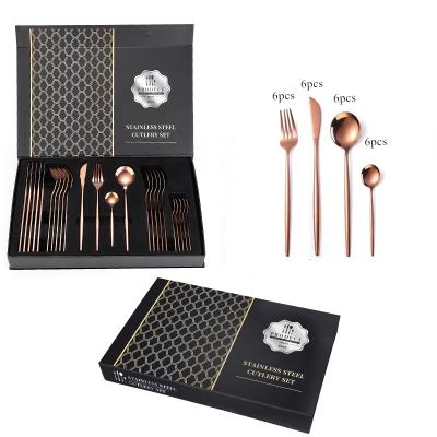 China Sustainable Stainless Steel Flatware Titanium Rose Gold 24 Piece Cutlery Set With Box for sale