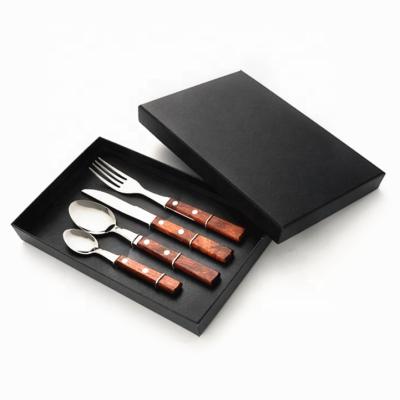 China 18/8 handle flatware stainless steel eco-friendly sustainable wooden cutlery 4 pieces with black box wood handle cutlery for sale