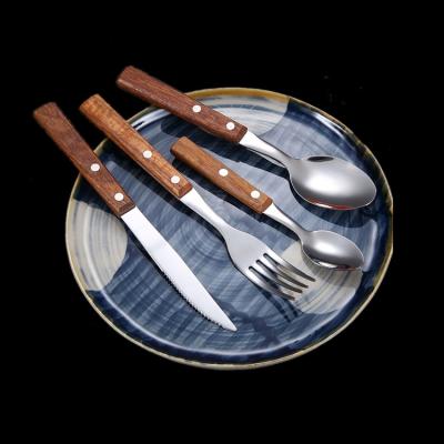 China Sustainable Wooden Handle Flatware Set 18/8 Stainless Steel Knife Fork Spoon Wooden Handle Cutlery Set for sale