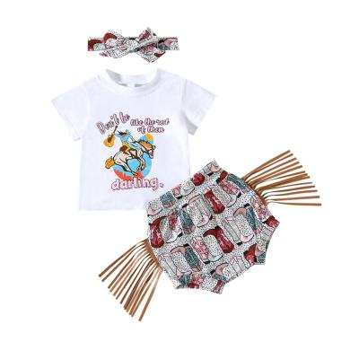 China Wholesale Factory Made Girl Casual 3 Piece Outfit T-shirt With Fringe Bummies Summer Toddler Kids Dress Up Costume for sale