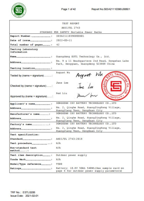 UL - Dongguan CHY Power Technology Co., Ltd.