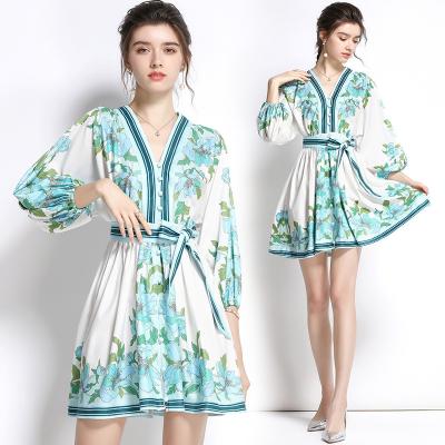 China Retro Anti-Static Floral Printing Waist Holiday Style Dresses Casual Women With Ruffled Skirt for sale